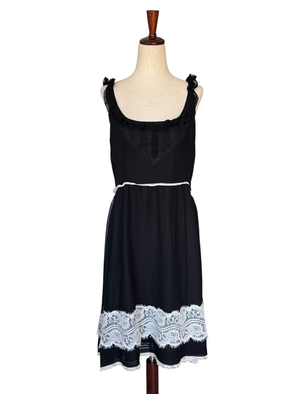 Vintage 90s Tocca Black Silk Dress with White Lace Trim Large